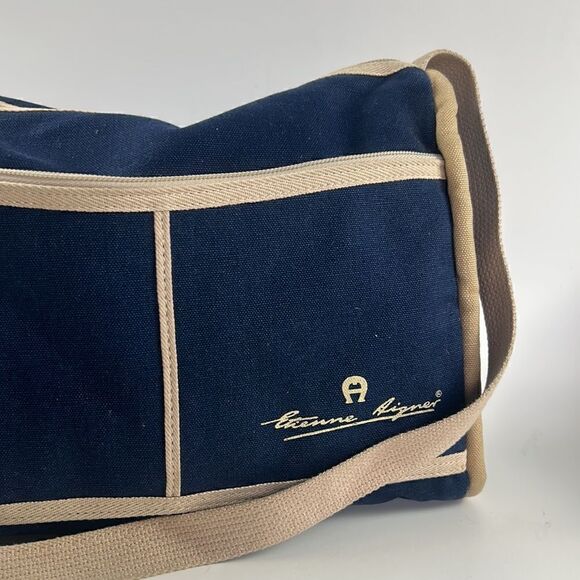 Vintage Etienne Aigner blue Large Shoulder Bag Canvas Tan - Picture 2 of 11